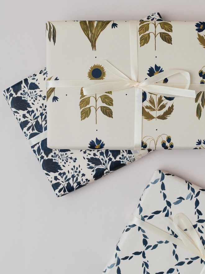 Four Floral Blue Botanical Luxury Gift Wrap (2 Sheets)