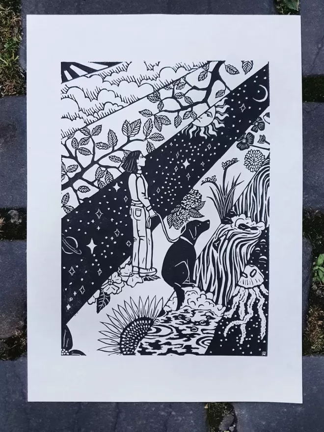 Going For a Walk Lino Print
