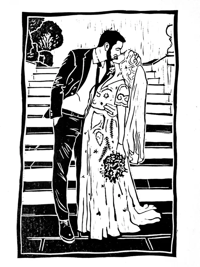 Personalised Handcrafted Linoprints, linoprint of romantic couple. 