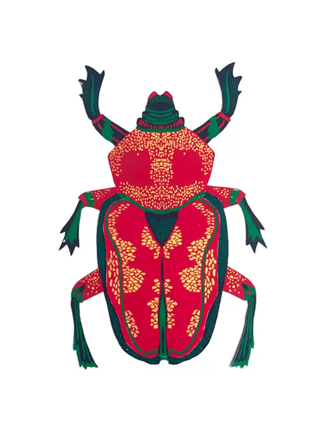 White cut-out shot: red, green and gold detailed insect card