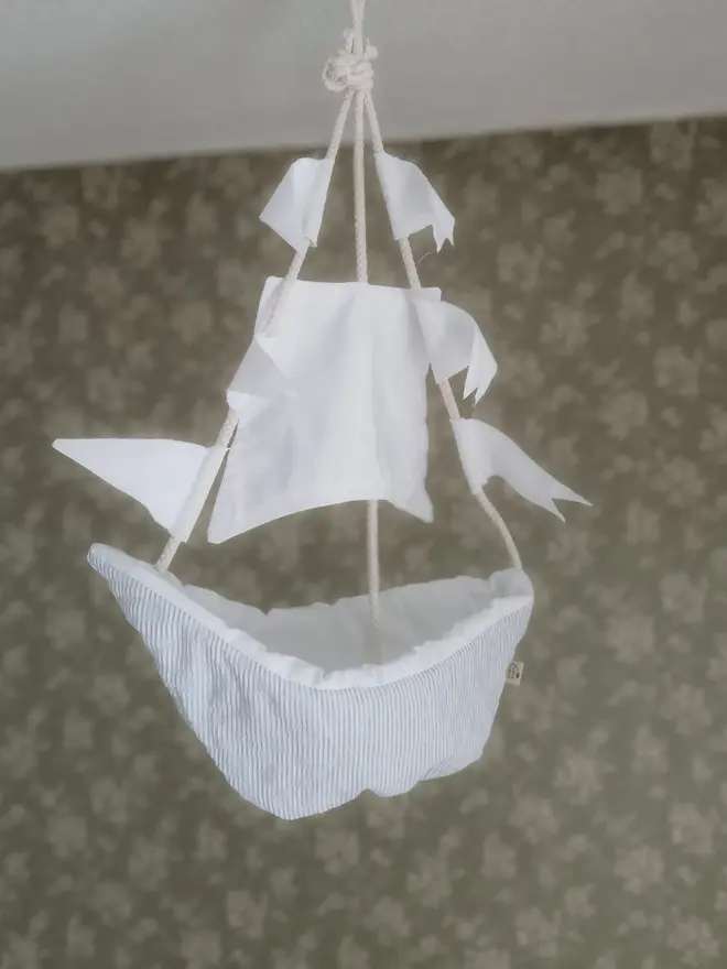 Linen Sailboat Crib Mobile, Nautical Baby Nursery Decor, Ocean Theme Hanging Ornament