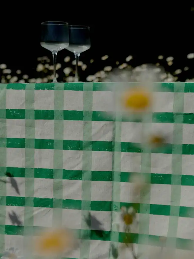 Upclose Green Gingham Tablecloth in field