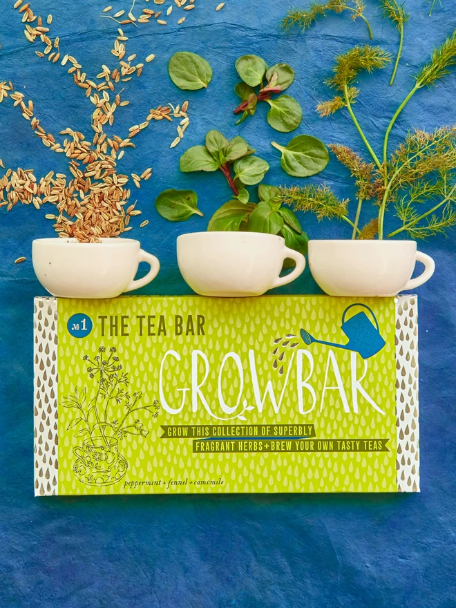 The Tea Growbar with teacups of fennel, peppermint and camomile herb tea. 
