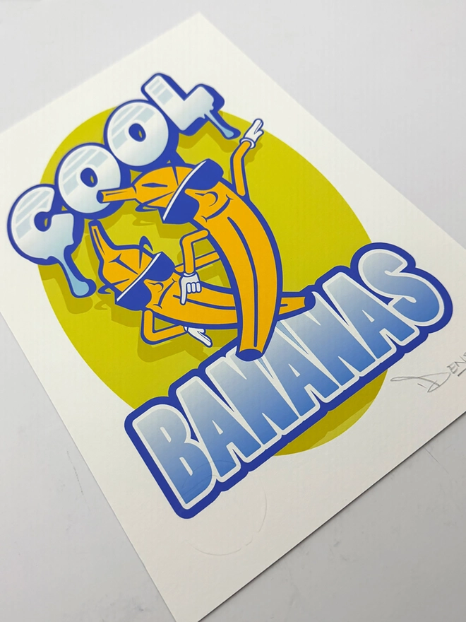 'Cool Bananas' Signed embossed fine art print, against a grey background. 