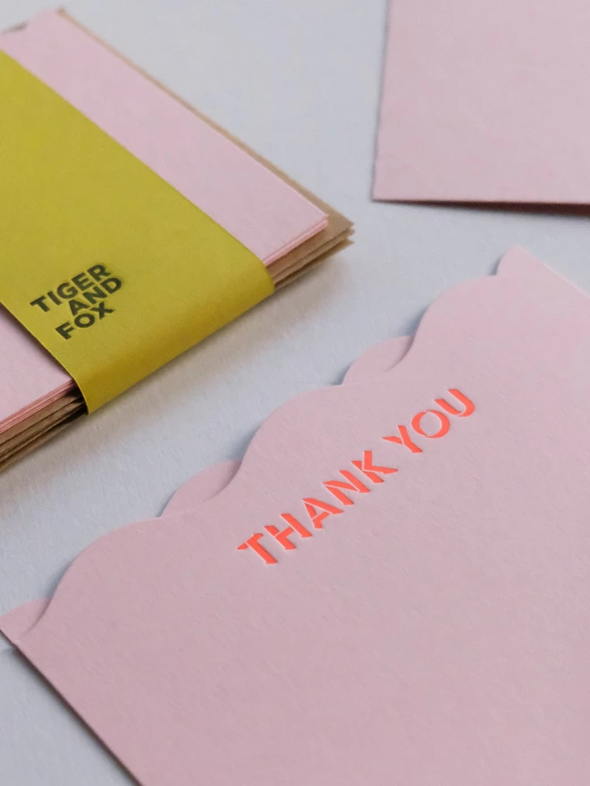 Sid view of 'Thank you' notecard and notecard set with green paper bellyband. 