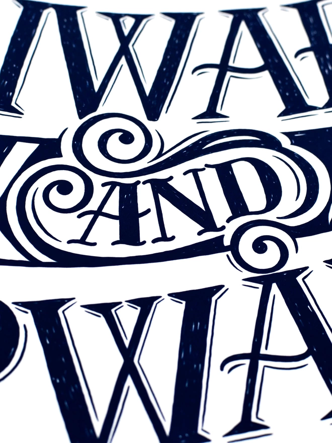 detail of blue and white lettering