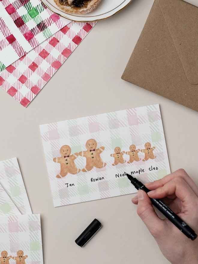 Hand written personalised Gingerbread Family of 5 Christmas Card