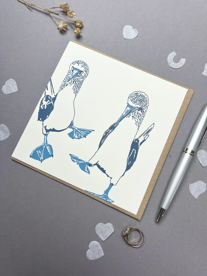 This gorgeous letterpress greetings card depicts two blue-footed boobies dancing together.