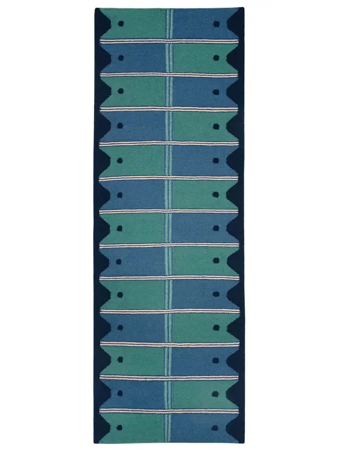 Ladder Flatweave Runner Rug, a colourful rug sitting on a white surface. 