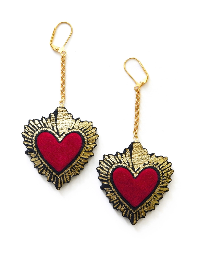 small red, gold & black sacred heart earrings