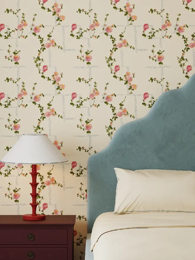 Coco Wallpaper, a living room with a decorated floral wallpaper. 