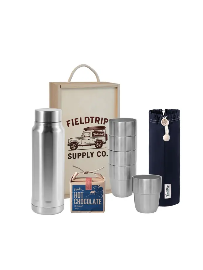 land rover cups and flask gift set. a wooden box containing 5 stainless steel cups in a navy cloth bag, a box of hot chocolate and a stainless steel flask.
