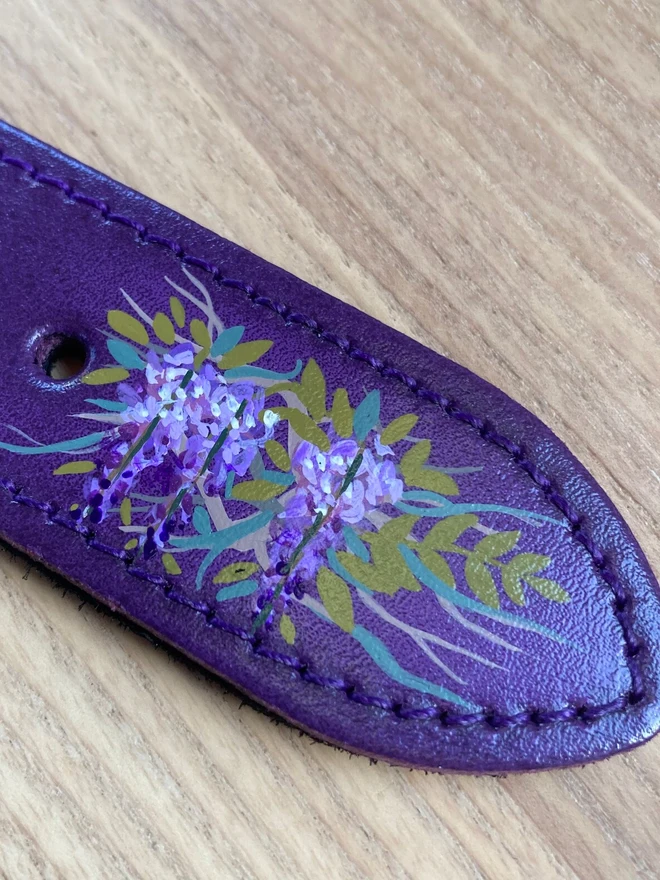 purple hand painted floral leather dog collar