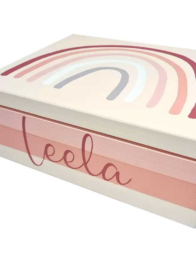 personalised rainbow kids' jewellery box. a custom wooden child's jewellery box.
