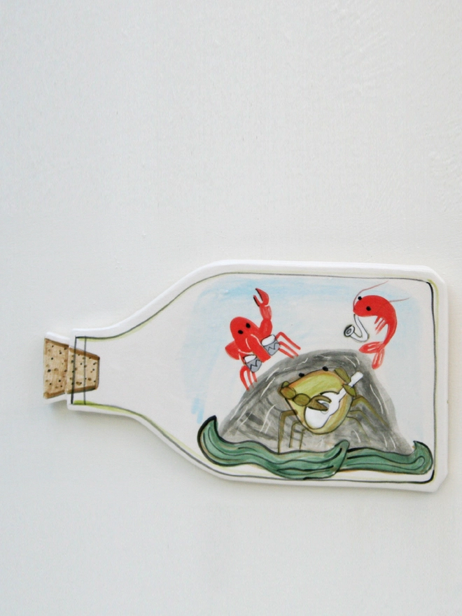 handmade ceramic wall art, seaside, ship in bottle, prawns, ceramic prawns, ceramic, crab band, wall hanging, fun ceramics
