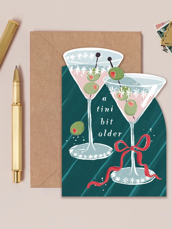 Tini Bit Older Martini Birthday Card by Sister Paper Co with a kraft envelope