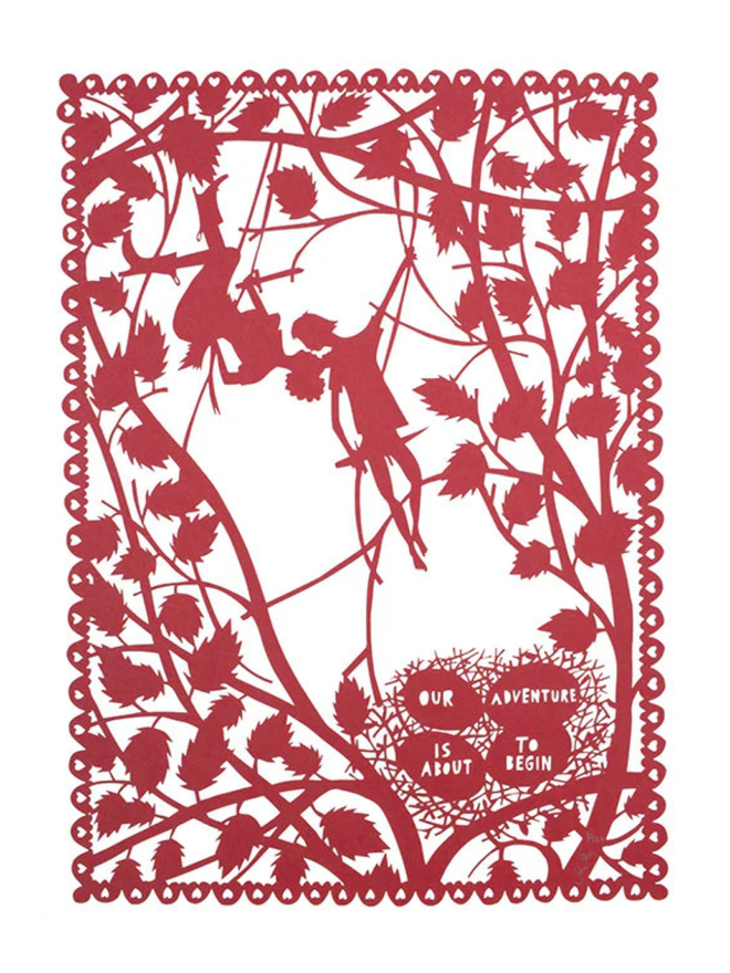 'Our Adventure' red lasercut. A red lasercut on a white background featuring two figures swinging from a vine amongst leaves and branches. Slogan 'our adventure is about to begin' written on eggs in a nest in the bottom right hand corner.
