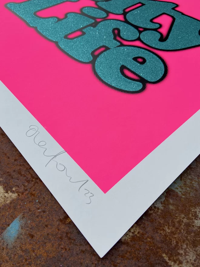 Extra large Fluro "City Life" Glitter Screenprint large square neon pink background with City life printed in glitter on top 