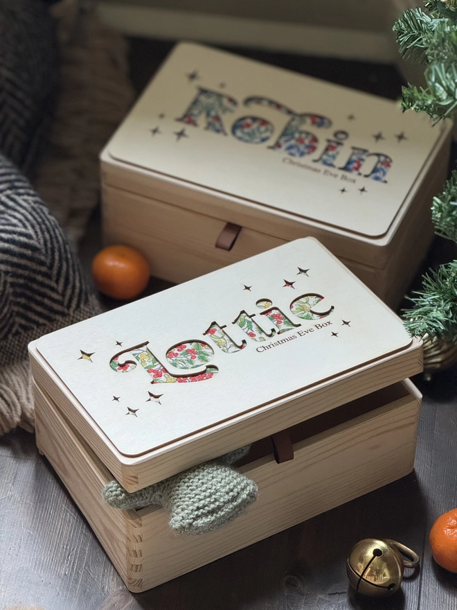 wooden and liberty fabric name Christmas Eve box by modo