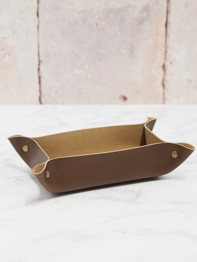 Chocolate brown leather valet tray. A handmade leather tray in a smooth chocolate coloured leather.