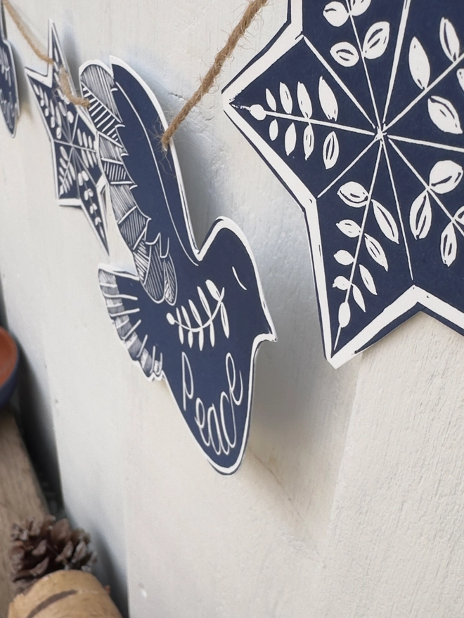 Dove Of Peace Hand Printed Linocut Scandi Style Garland With Folk Art Stars