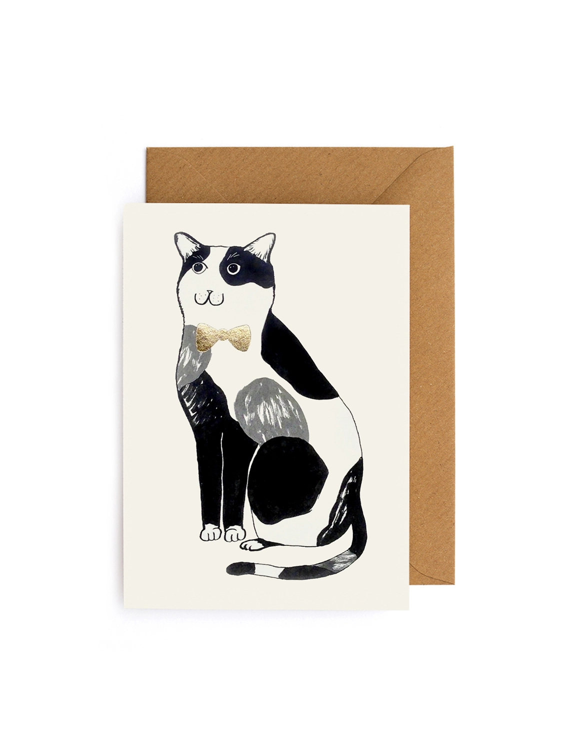 Greeting card featuring a calico cat wearing a gold bow tie
