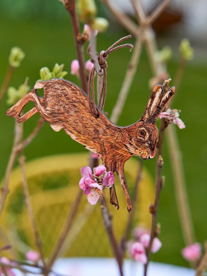 Leaping hare wooden hanging decoration