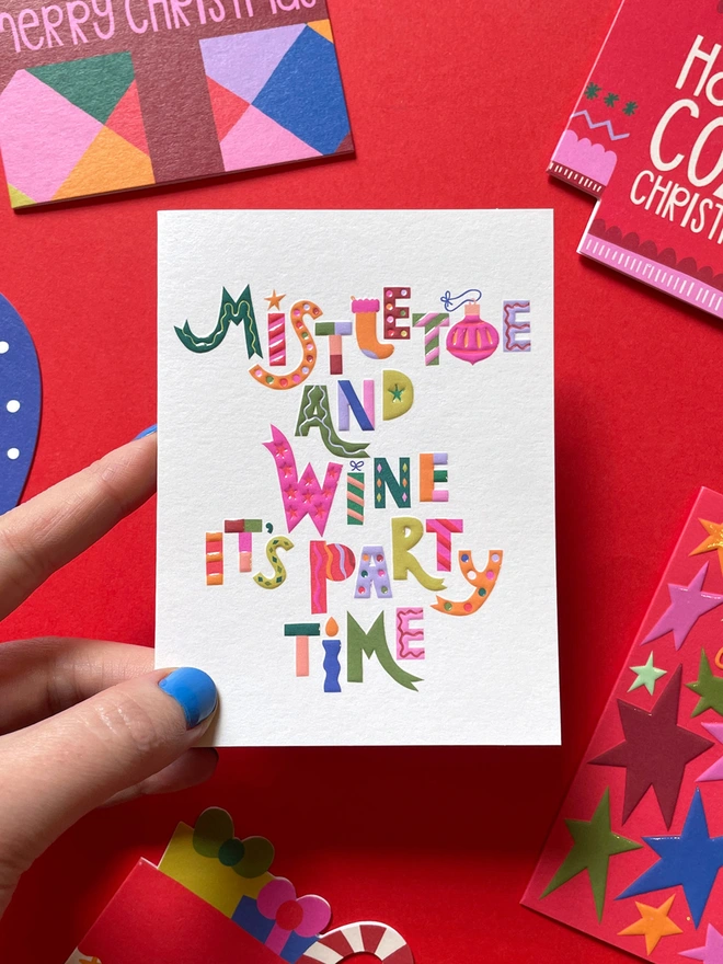 Cute & Joyful Mini Christmas Card ‘Mistletoe & Wine It’s Party Time’ Colourful Type | Raspberry Blossom