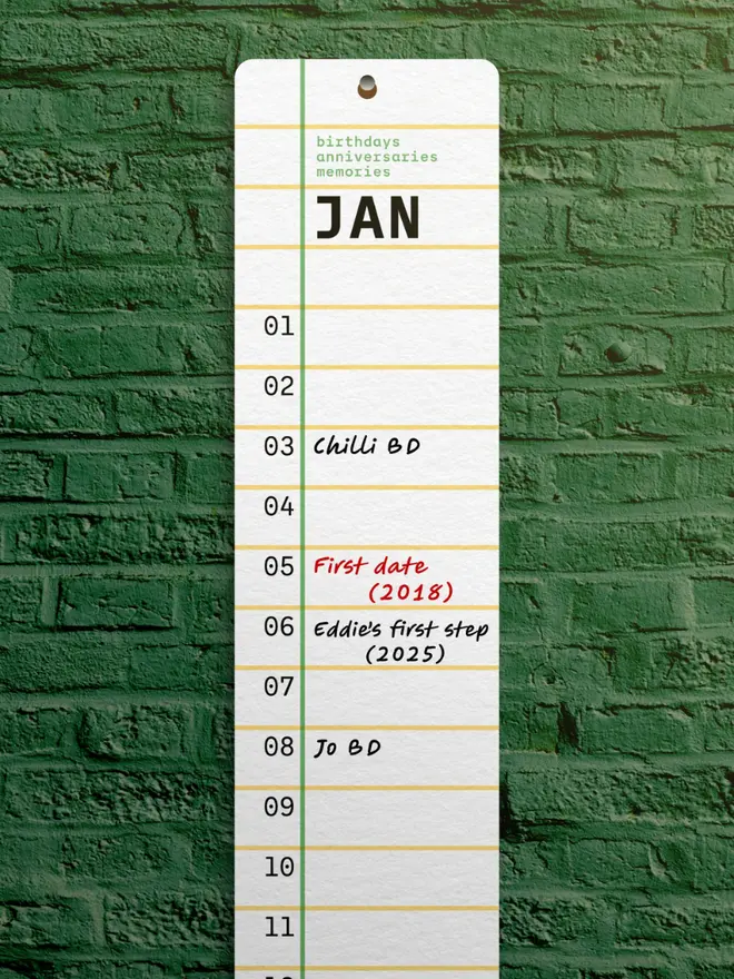 Perpetual Squared: Birthday, Anniversary, Memory Tracker, Tea, against green wall