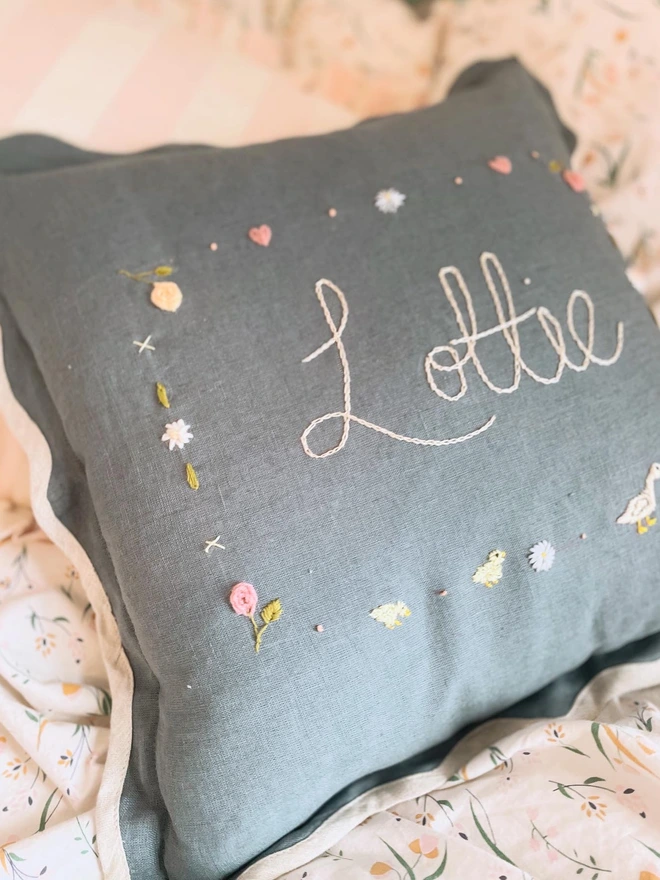 Custom hand embroidered scallop trim baby pillow duck design 