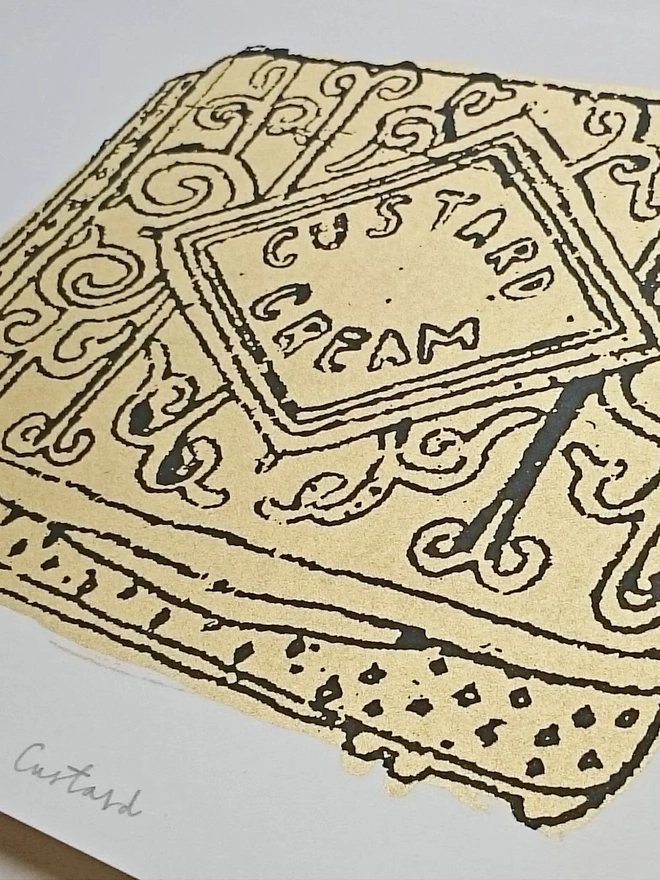 A4 Custard Cream Screenprint Creme De Custard, a custard creme design on a white screenprint. 