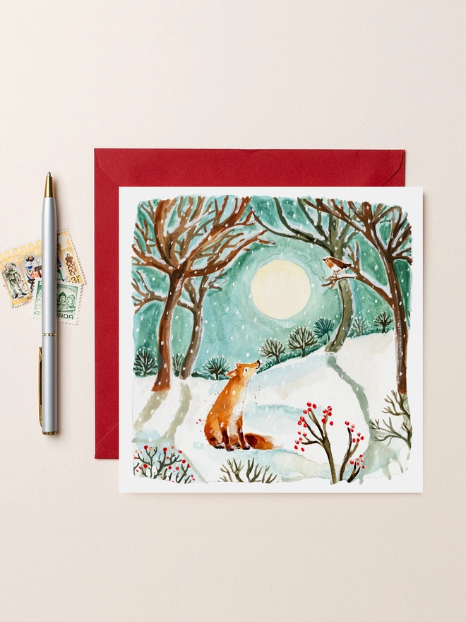 Fox and Moon Blank Christmas Card