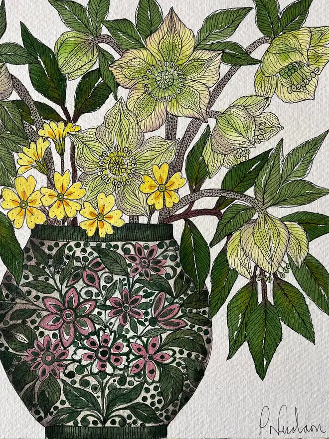 'Hellebore Flowers & Primroses' Watercolour Painting