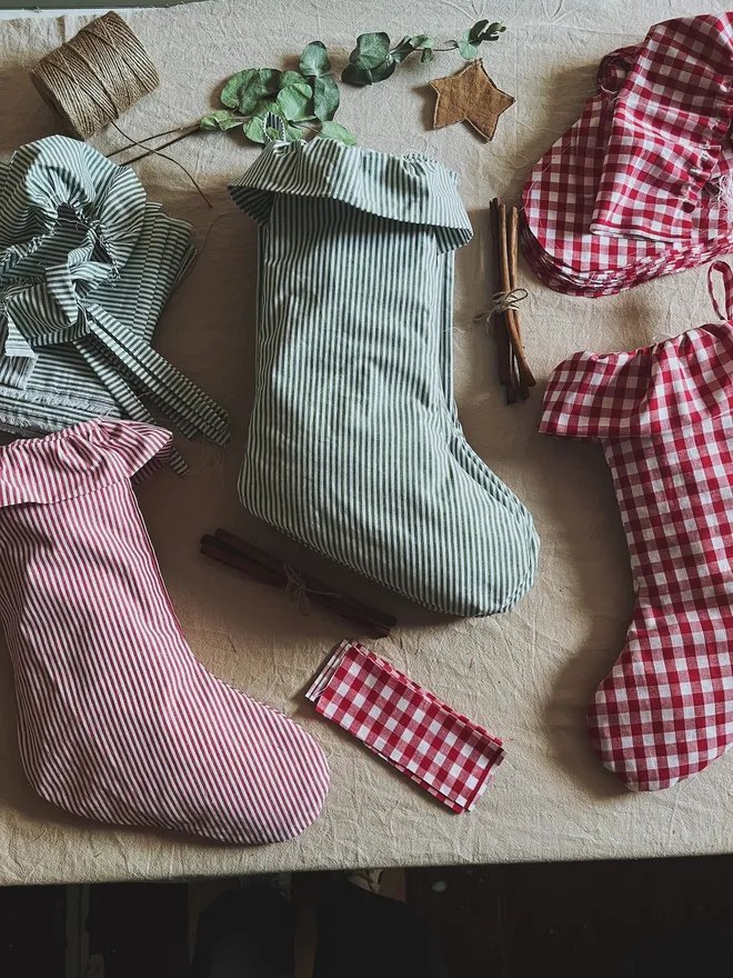 green and red striped christmas stockings