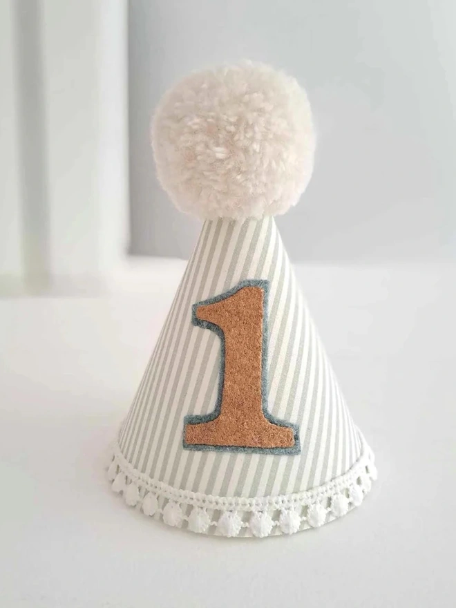 Birthday Party Hat Sage Green And White Pinstripe