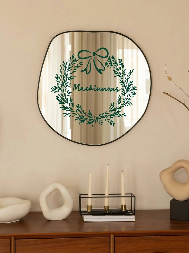 personalised hand drawn wreath mirror sticker