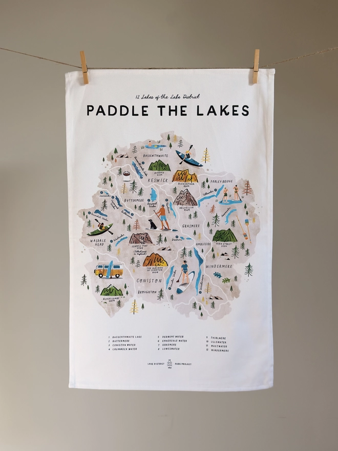 Paddle the Lakes Map Tea Towel