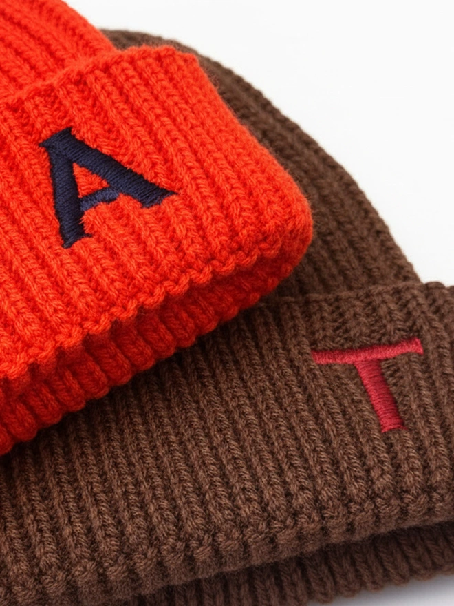 Personalised Embroidered Letter Beanie in Red and Walnut