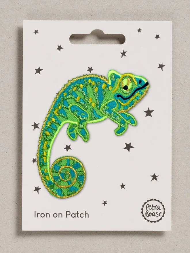 Chameleon embroidered iron on fabric patch