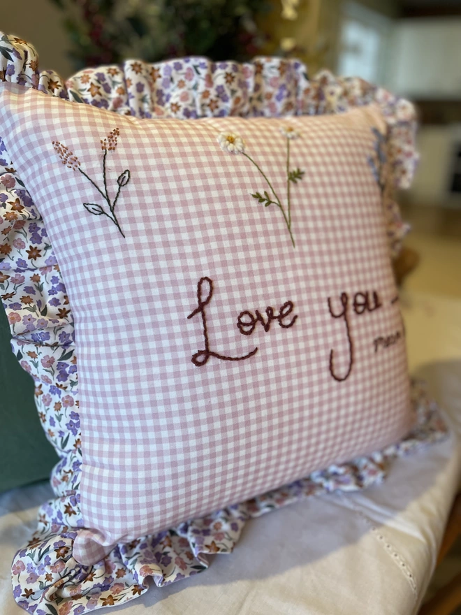 Valentine’s Day love you personalised floral pink gingham cushion. Handmade. Thoughtful gift 