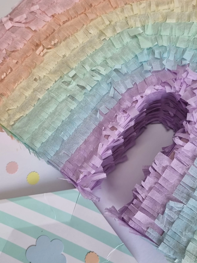 close up image of the pastel rainbow pinata by pinyatay showing the fringed tissue details