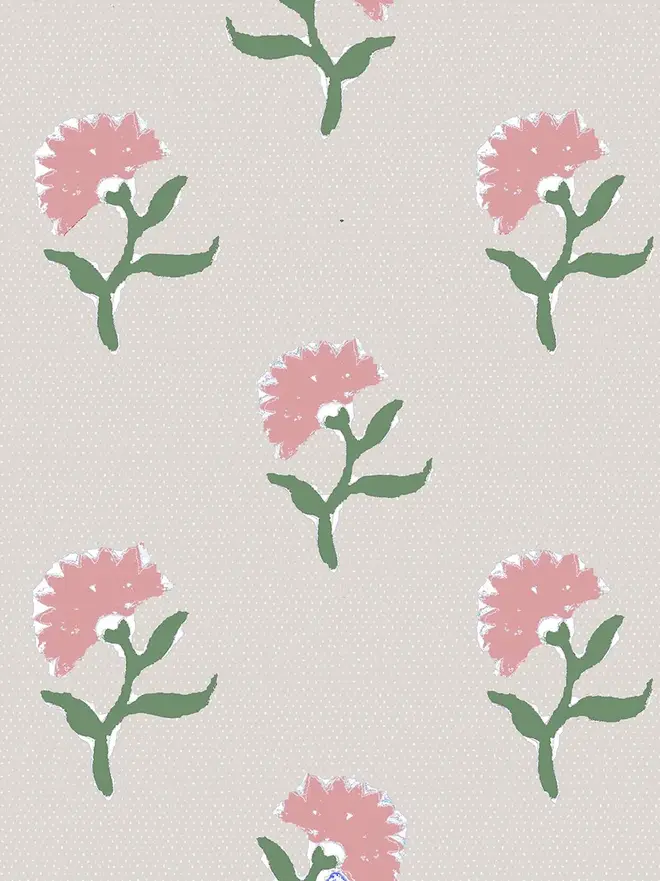 emilie illustrated floral wallpaper. a beige background wallpaper patterned with small pink flowers.