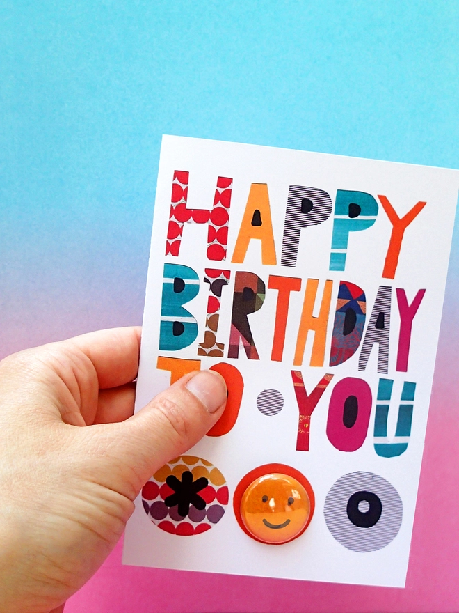 Happy Birthday Text Card with pin badge