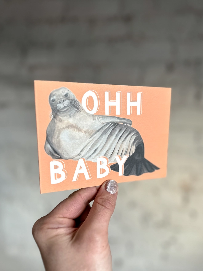 a peachy orange greetings card featuring an illustration of a chunky seal  with the text “ohh baby”