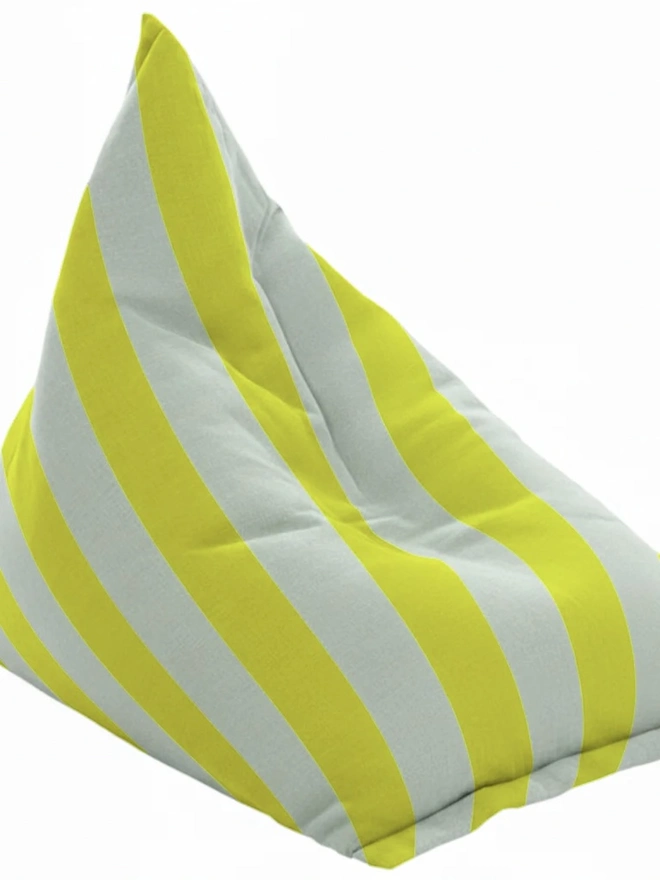 Hand Painted & Repurposed Linen Bean Bag Striped Chair, a colourful neon yellow striped bean bag chair against a white background.