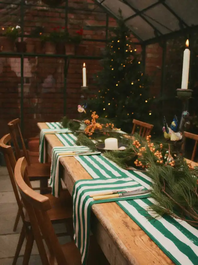 Christmas Green Stripe Table Runner and Napkin Set