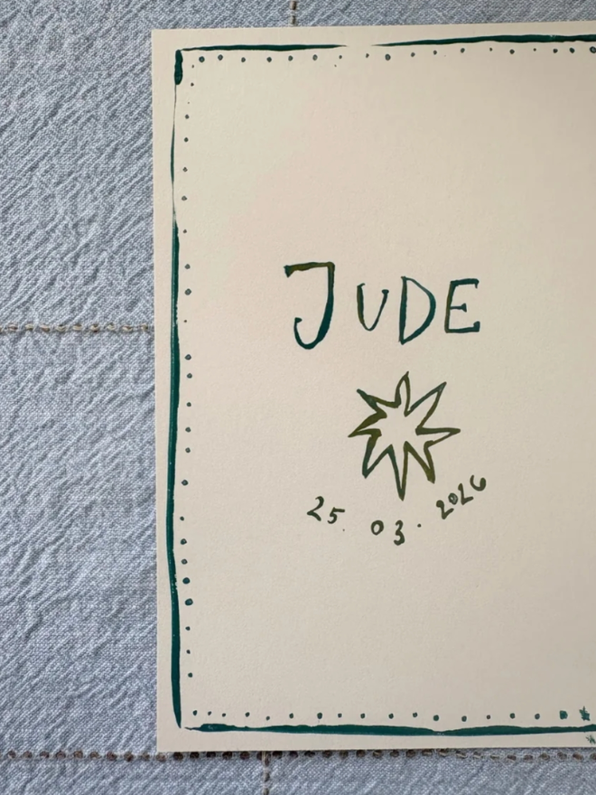 Keepsake Name Watercolour. A watercolour piece illustrated in leaf green with a name and a star.