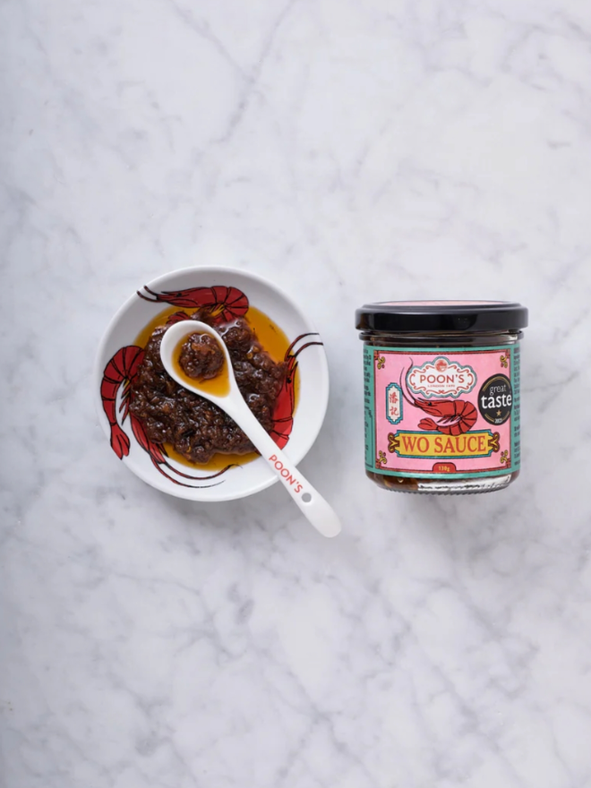 WO Sauce. A jar of sauce with a sample in a dish.