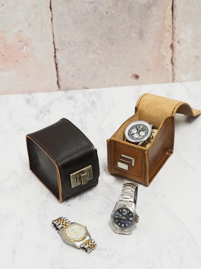 Handmade leather watch carry cases in hand dyed brown colours