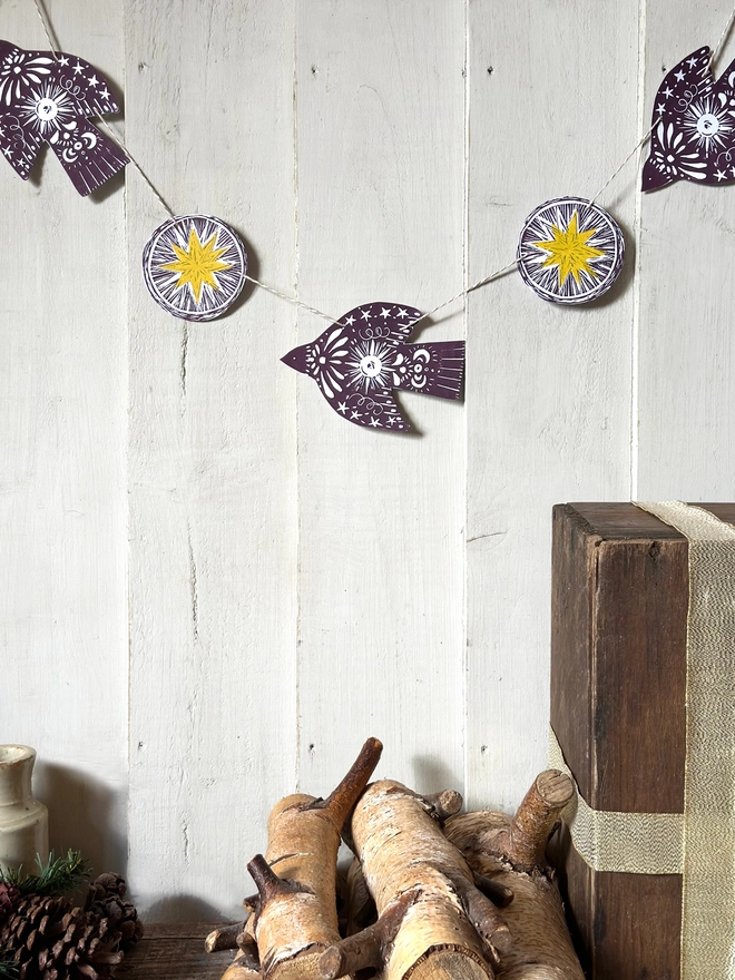 'Twinkle & Flight' Festive Nordic Folk Birds Linocut Garland